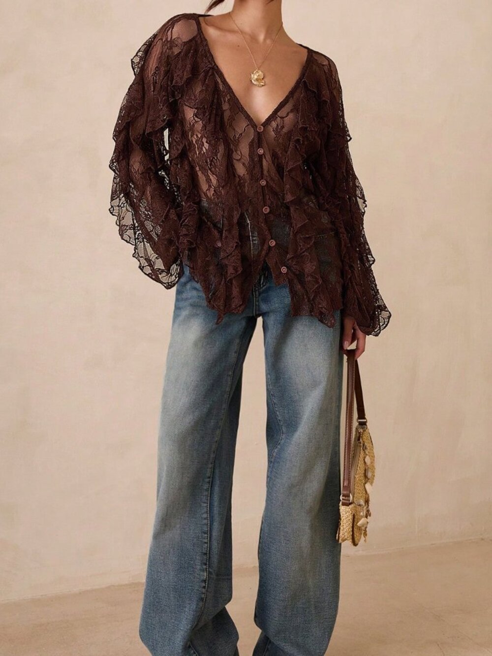 Coffee Brown Sexy Casual Women's V-Neck Long Sleeve Boho Blouse - Picture 4 of 7